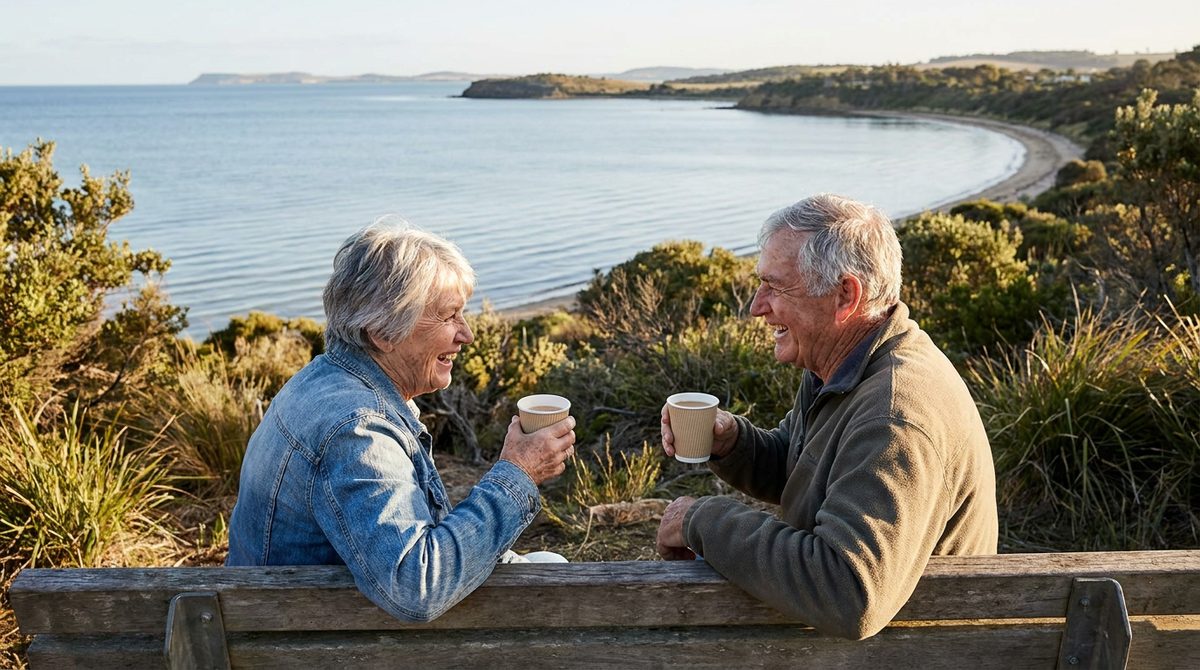 Two older friends chatting and laughing on a bench overlooking a calm bay on the Bellarine