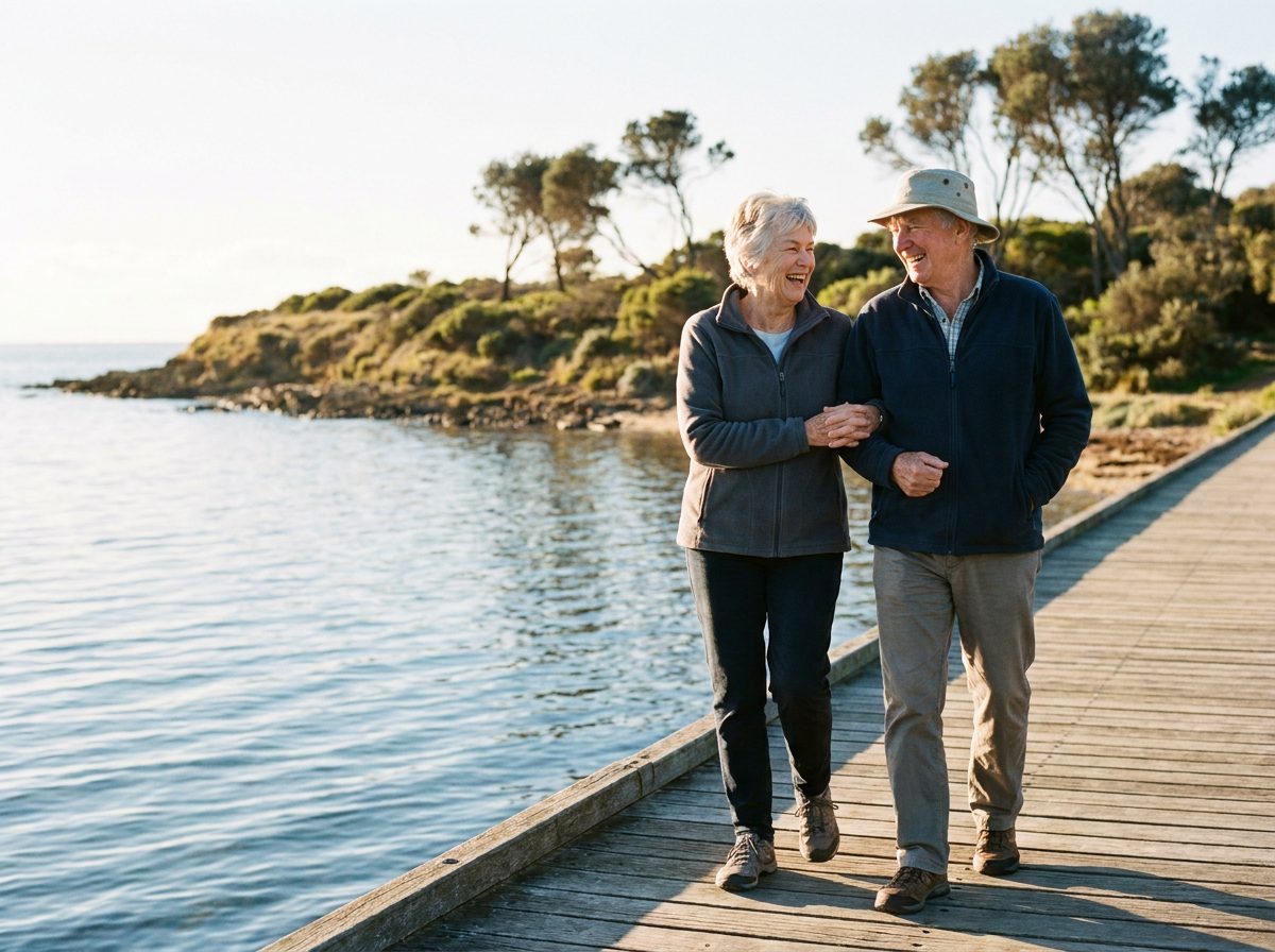 An older couple walking together along a coastal boardwalk on the Bellarine Peninsula