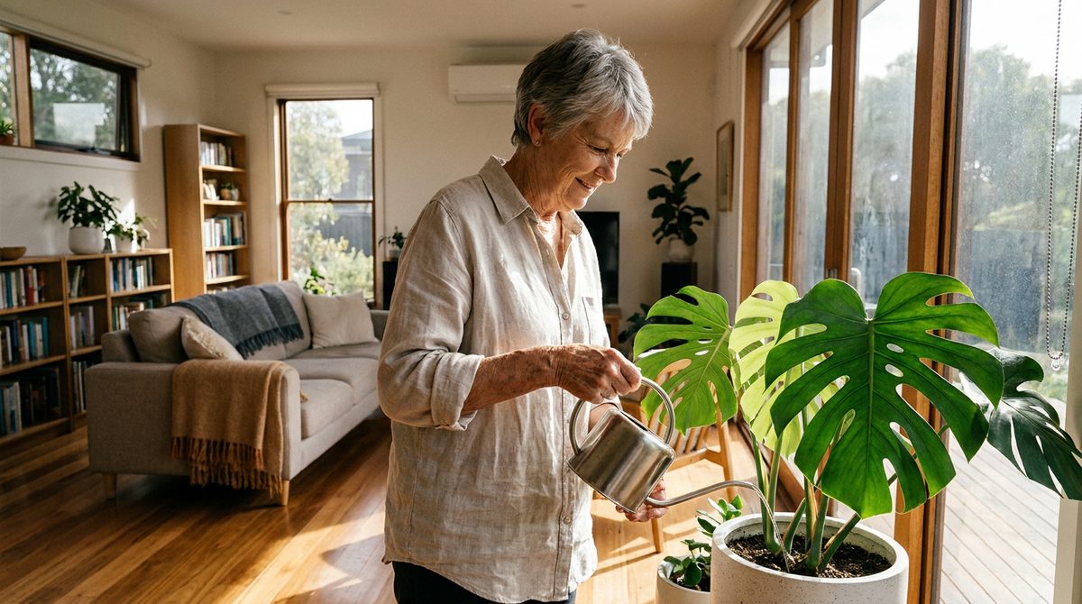A content older woman watering a plant by a sunny window in a bright, tidy home