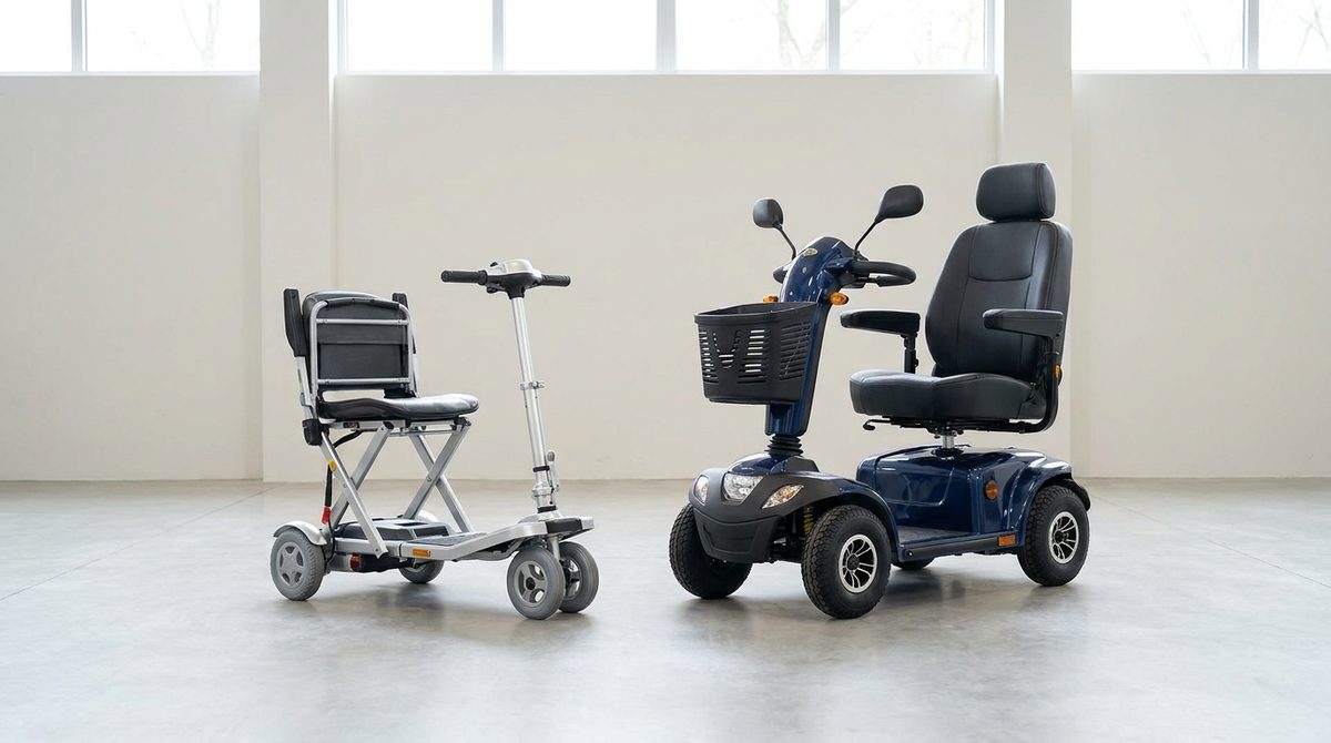 A compact folding travel scooter beside a larger four-wheel mobility scooter, shown side by side for size comparison