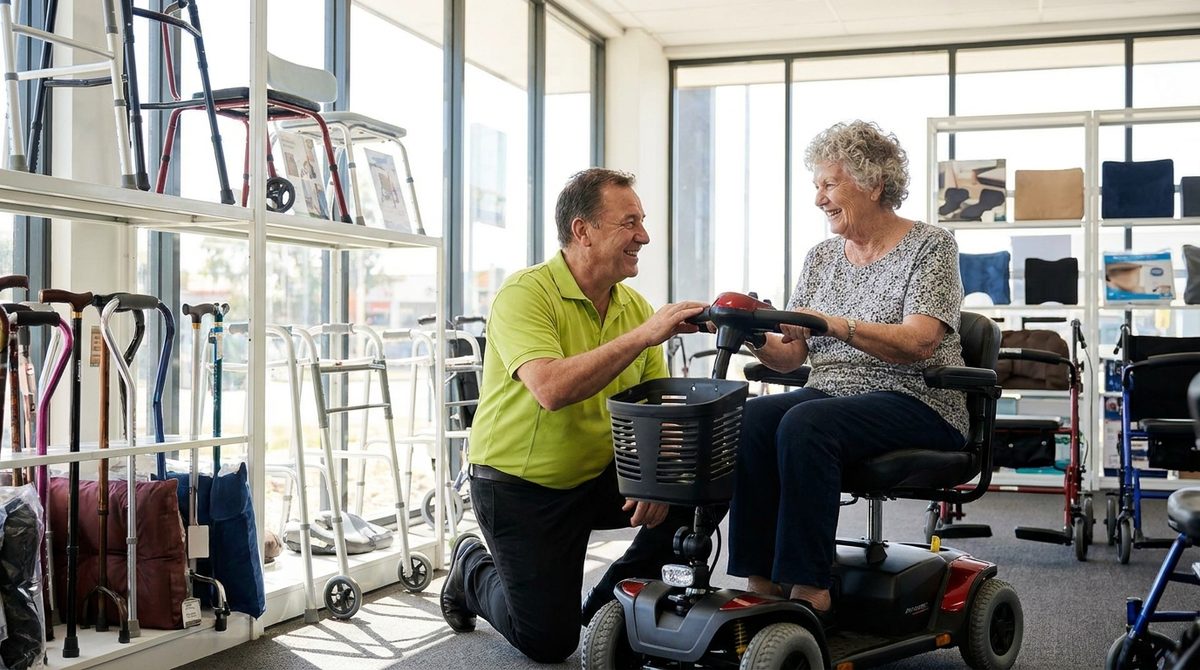 A showroom assistant in a lime-green polo shirt helping an older woman try a mobility scooter in a bright showroom